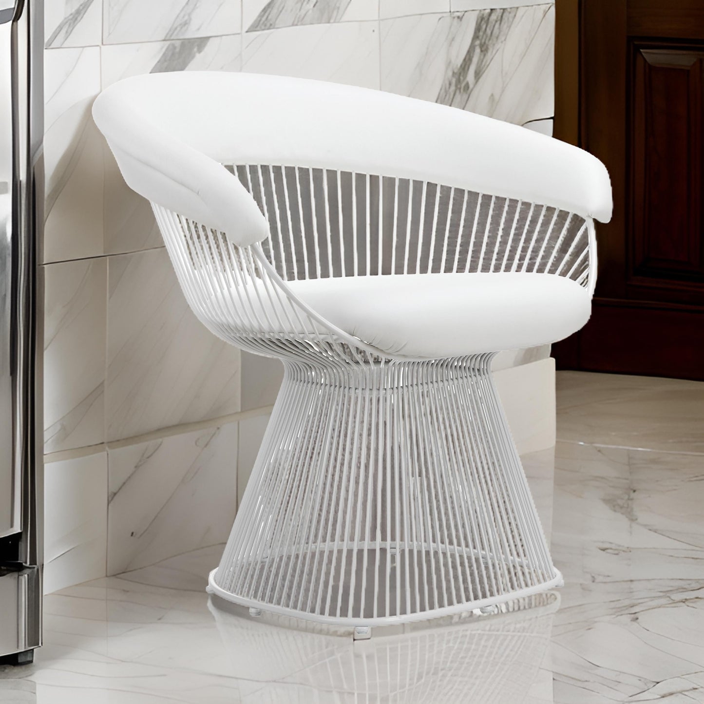 Coll 33 Inch Accent Chair, Slatted Metal Curved Back, White Faux Leather