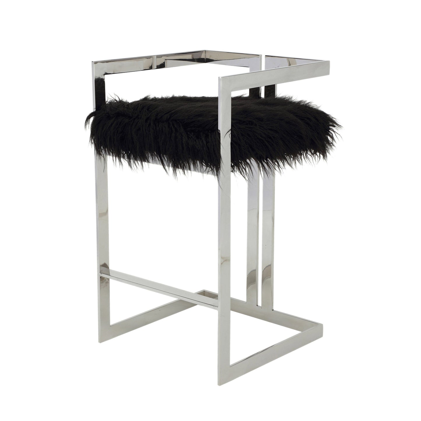 Suki 30 Inch Barstool Chair, Cushioned Black Faux Fur, Silver Cantilever