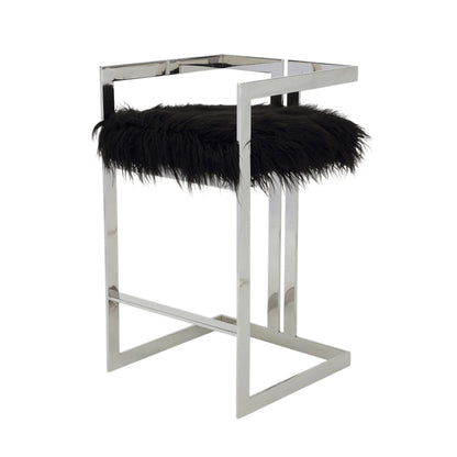 Suki 30 Inch Barstool Chair, Cushioned Black Faux Fur, Silver Cantilever