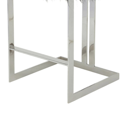 Suki 30 Inch Barstool Chair, Cushioned Black Faux Fur, Silver Cantilever