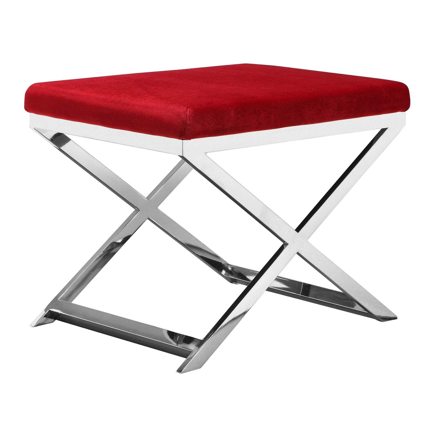 Sovi 24 Inch Stool Ottoman, Red Velvet Seat, Silver Finish Cross Frame