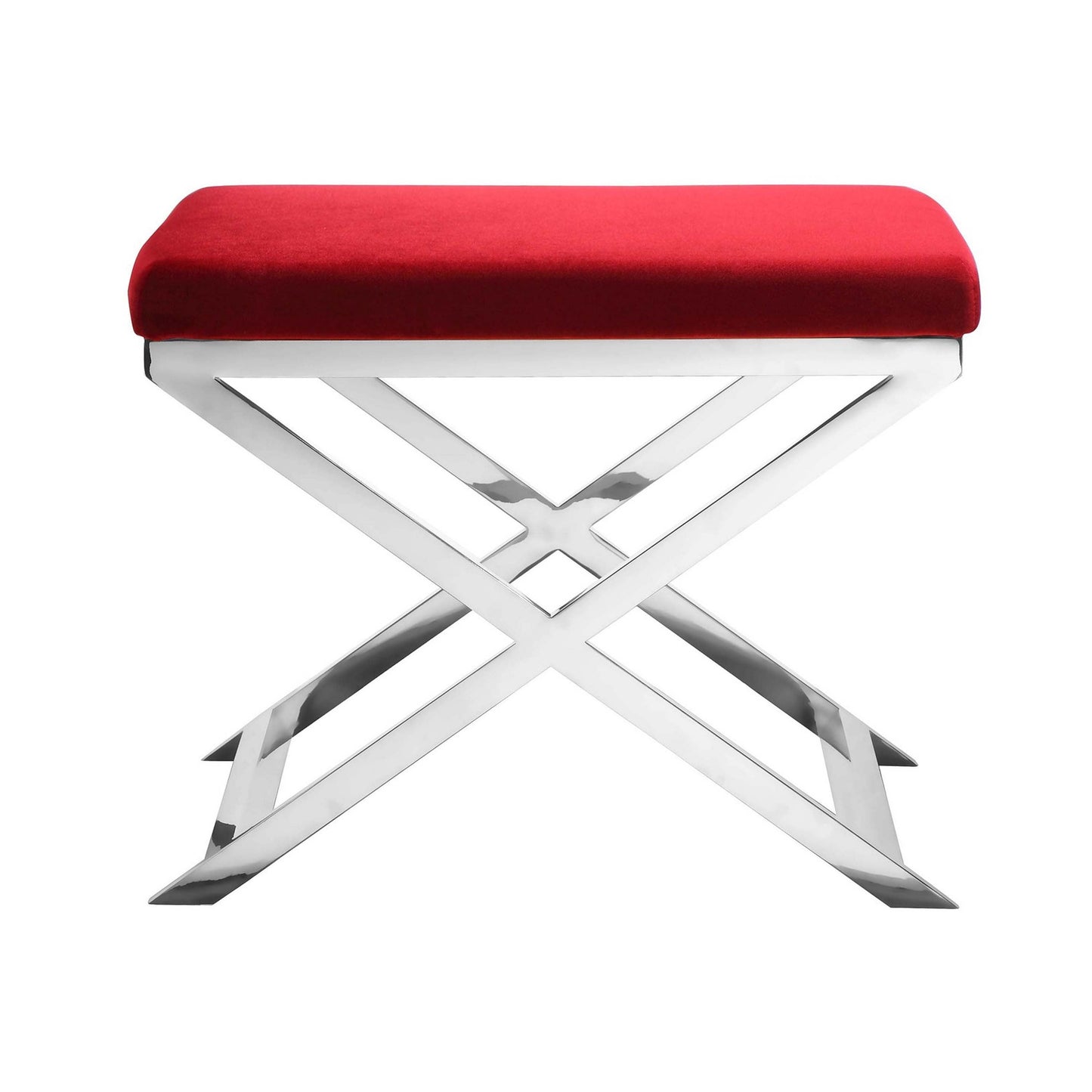 Sovi 24 Inch Stool Ottoman, Red Velvet Seat, Silver Finish Cross Frame