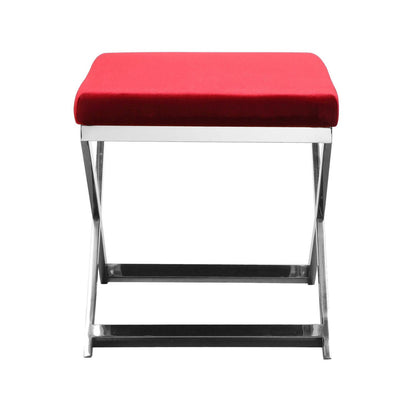 Sovi 24 Inch Stool Ottoman, Red Velvet Seat, Silver Finish Cross Frame