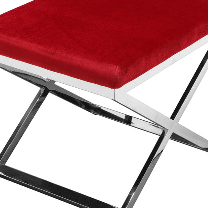 Sovi 24 Inch Stool Ottoman, Red Velvet Seat, Silver Finish Cross Frame
