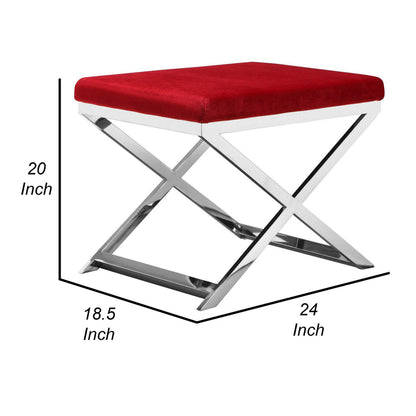 Sovi 24 Inch Stool Ottoman, Red Velvet Seat, Silver Finish Cross Frame
