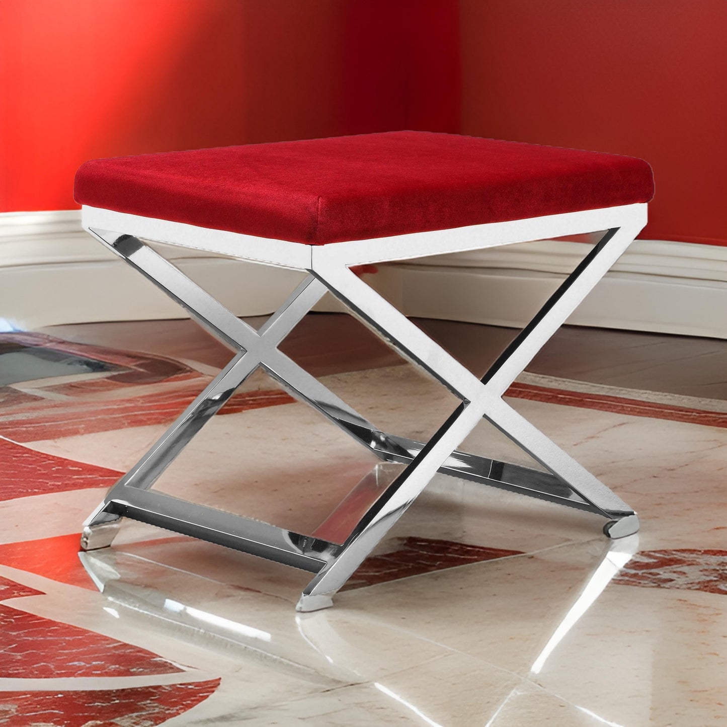 Sovi 24 Inch Stool Ottoman, Red Velvet Seat, Silver Finish Cross Frame