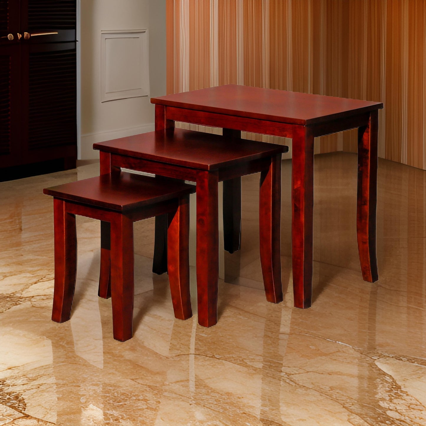 Yoni 3 Piece Nesting Side Table Set, Square, Flared Legs, Cherry Brown Wood