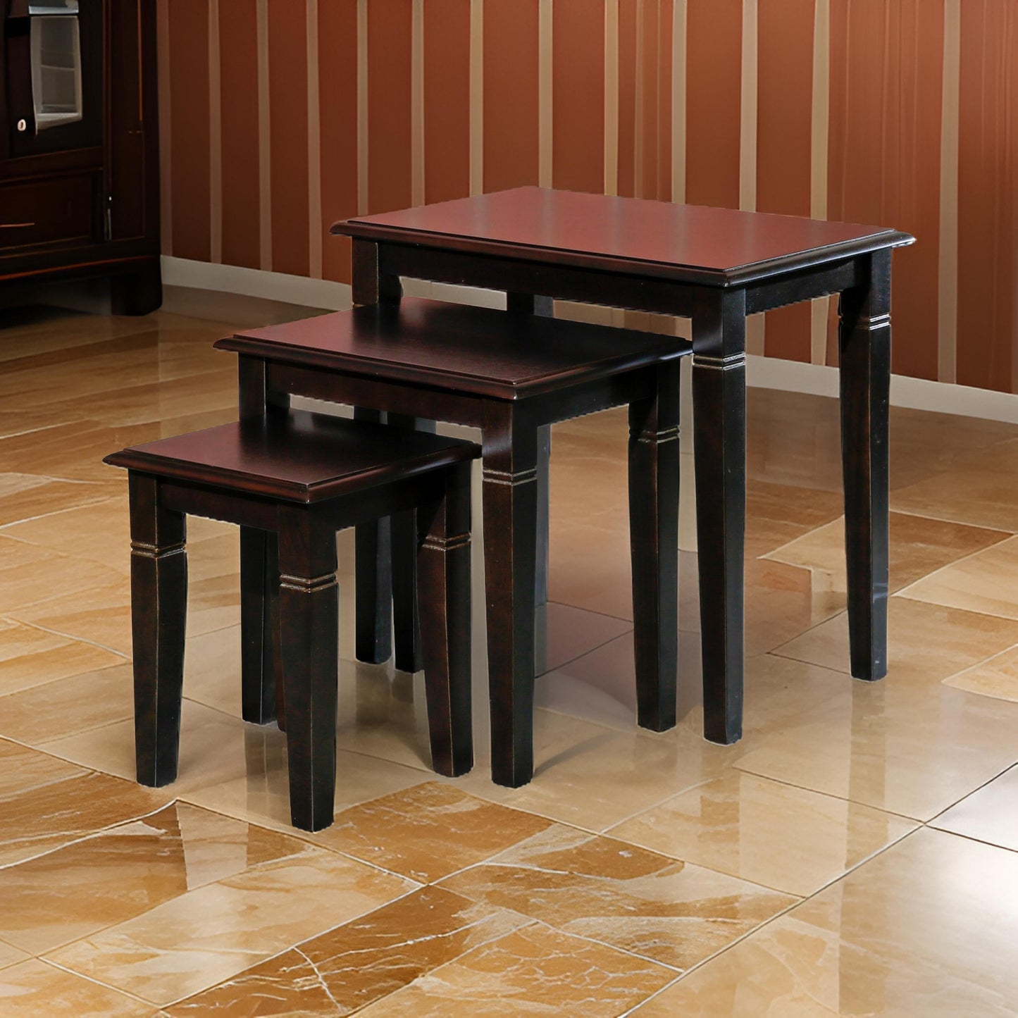 Yoni 3 Piece Nesting Side Table Set, Square, Flared Legs, Dark Brown Wood