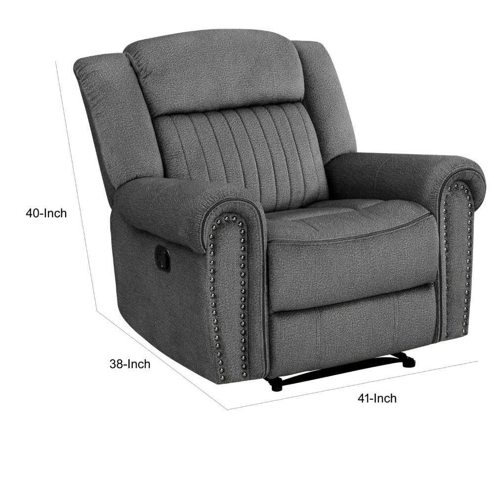Ben 38 Inch Manual Recliner Chair, Gray Microfiber, Plush Foam, Solid Wood