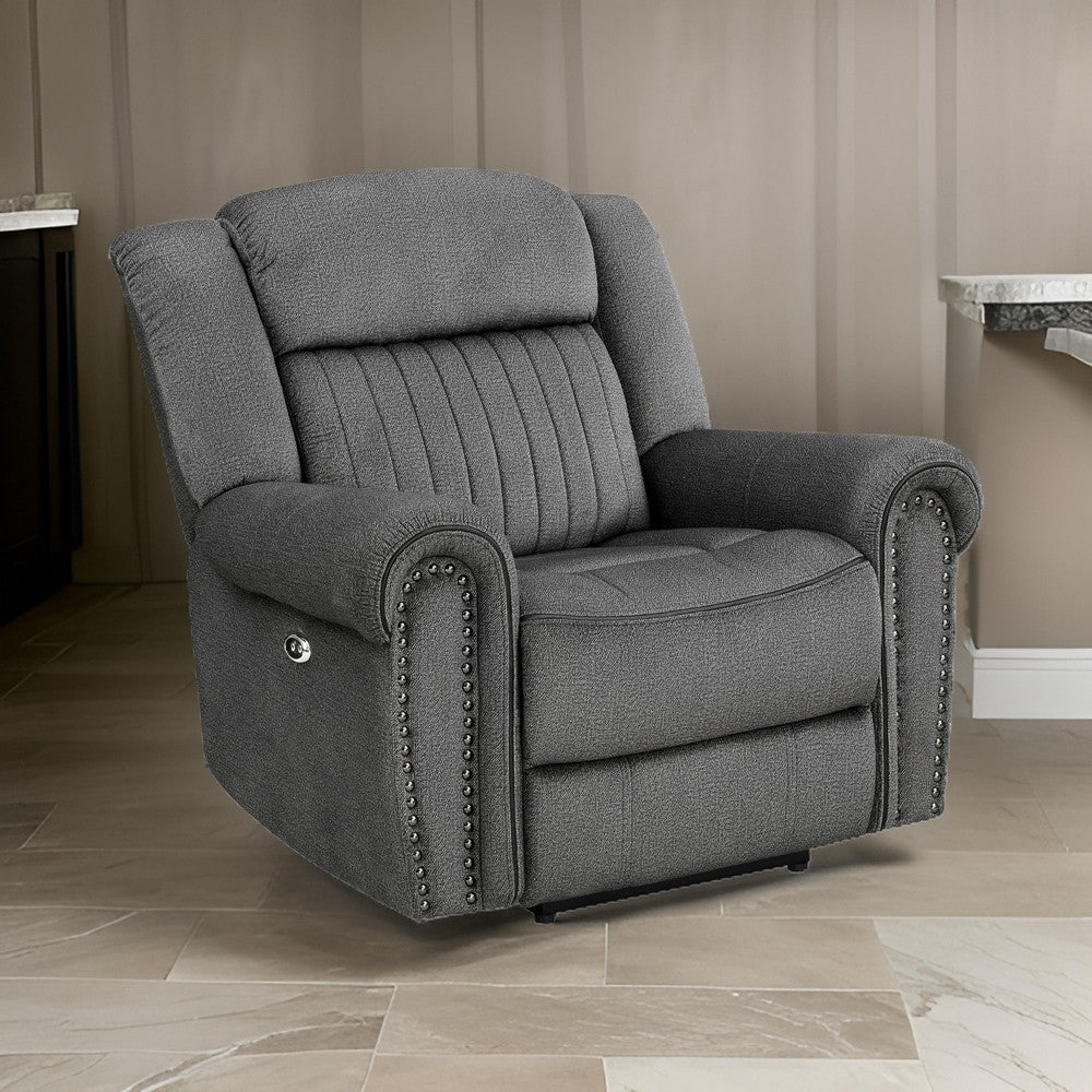 Ben 38 Inch Power Recliner Chair, Soft Cushions Gray Microfiber, Solid Wood