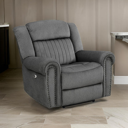 Ben 38 Inch Power Recliner Chair, Soft Cushions Gray Microfiber, Solid Wood