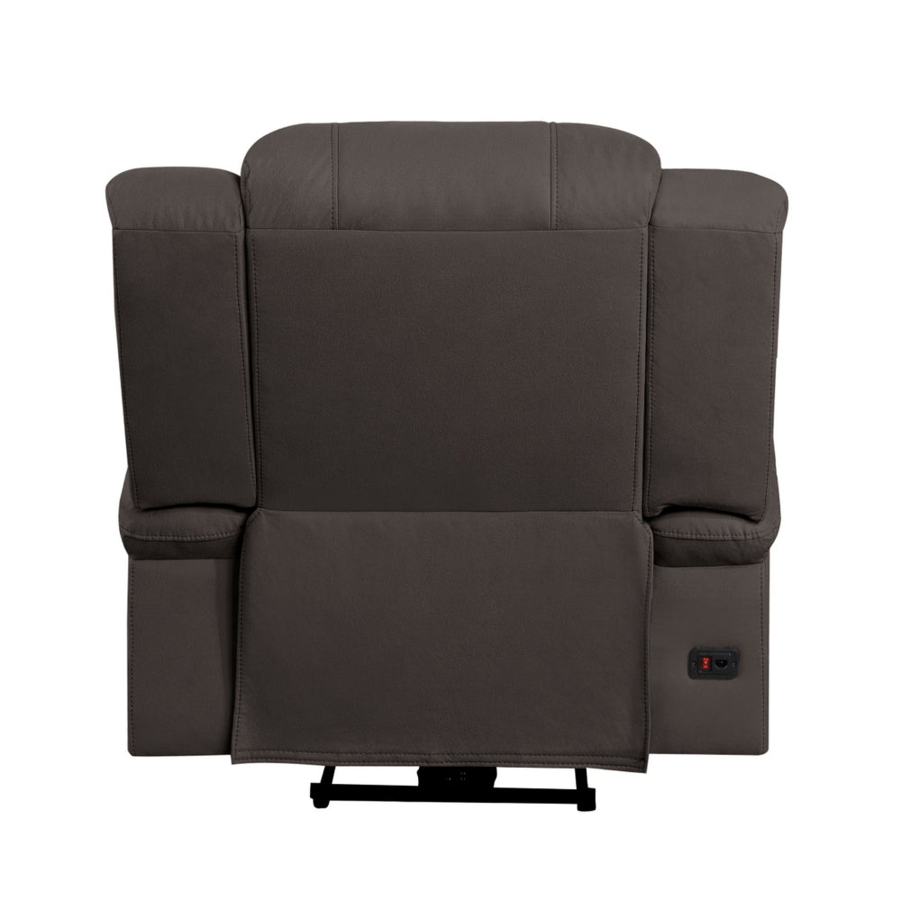 Kate 37 Inch Power Recliner Chair, USB, Brown Microfiber, Solid Wood