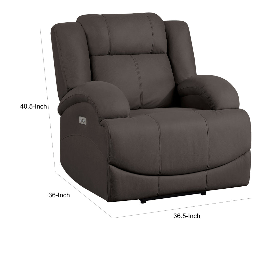 Kate 37 Inch Power Recliner Chair, USB, Brown Microfiber, Solid Wood