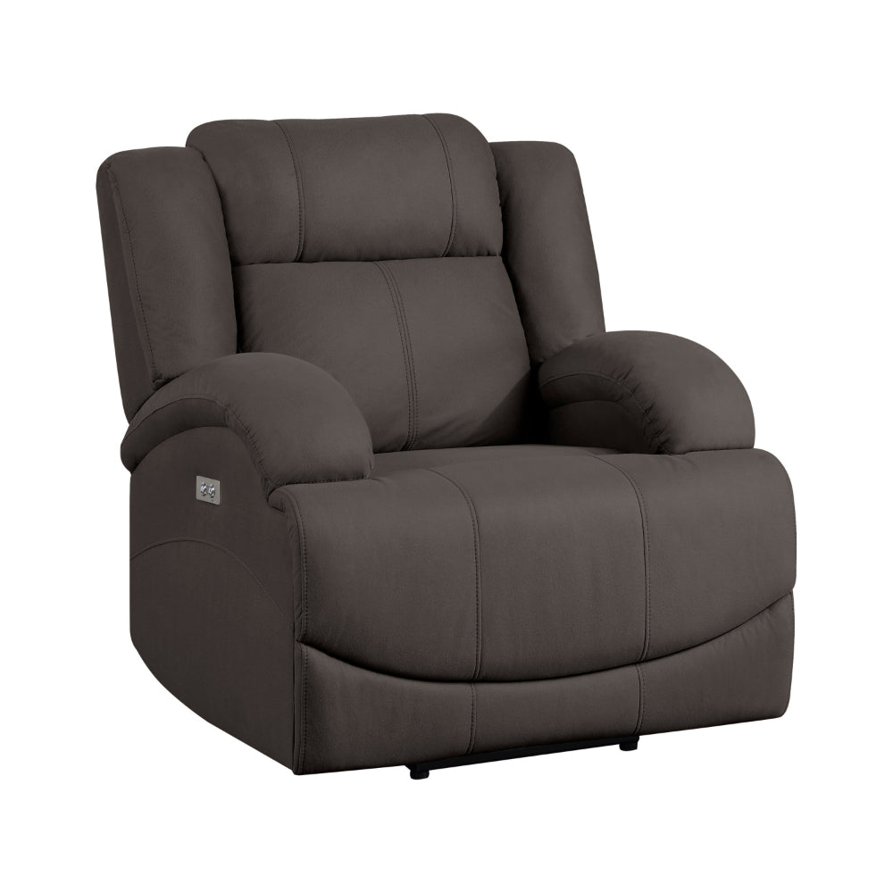 Kate 37 Inch Power Recliner Chair, USB, Brown Microfiber, Solid Wood