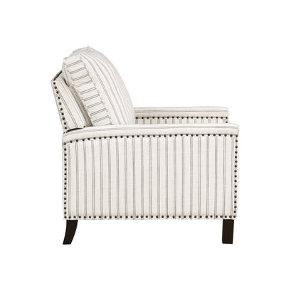 Claire 34 Inch Accent Chair, Push Recliner, Beige Gray Polyester Pinstripes