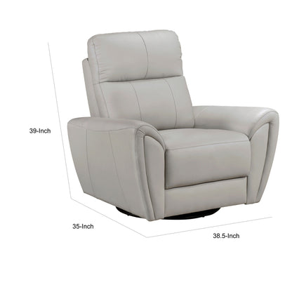 Jessica 39 Inch Swivel Glider Chair, Gray, Top Grain Leather, Solid Wood