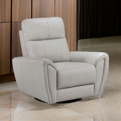 Jessica 39 Inch Swivel Glider Chair, Gray, Top Grain Leather, Solid Wood