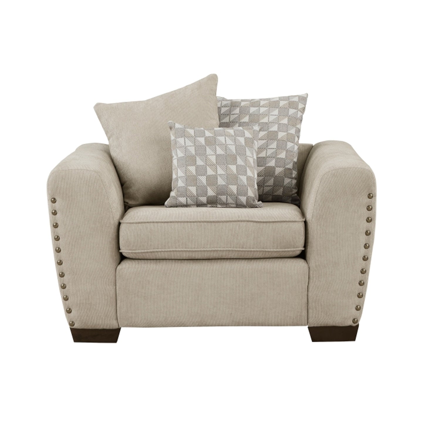 Gini 45 Inch Accent Chair, 3 Pillows, Nailhead Trim, Brown Chenille, Wood