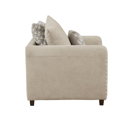 Gini 45 Inch Accent Chair, 3 Pillows, Nailhead Trim, Brown Chenille, Wood