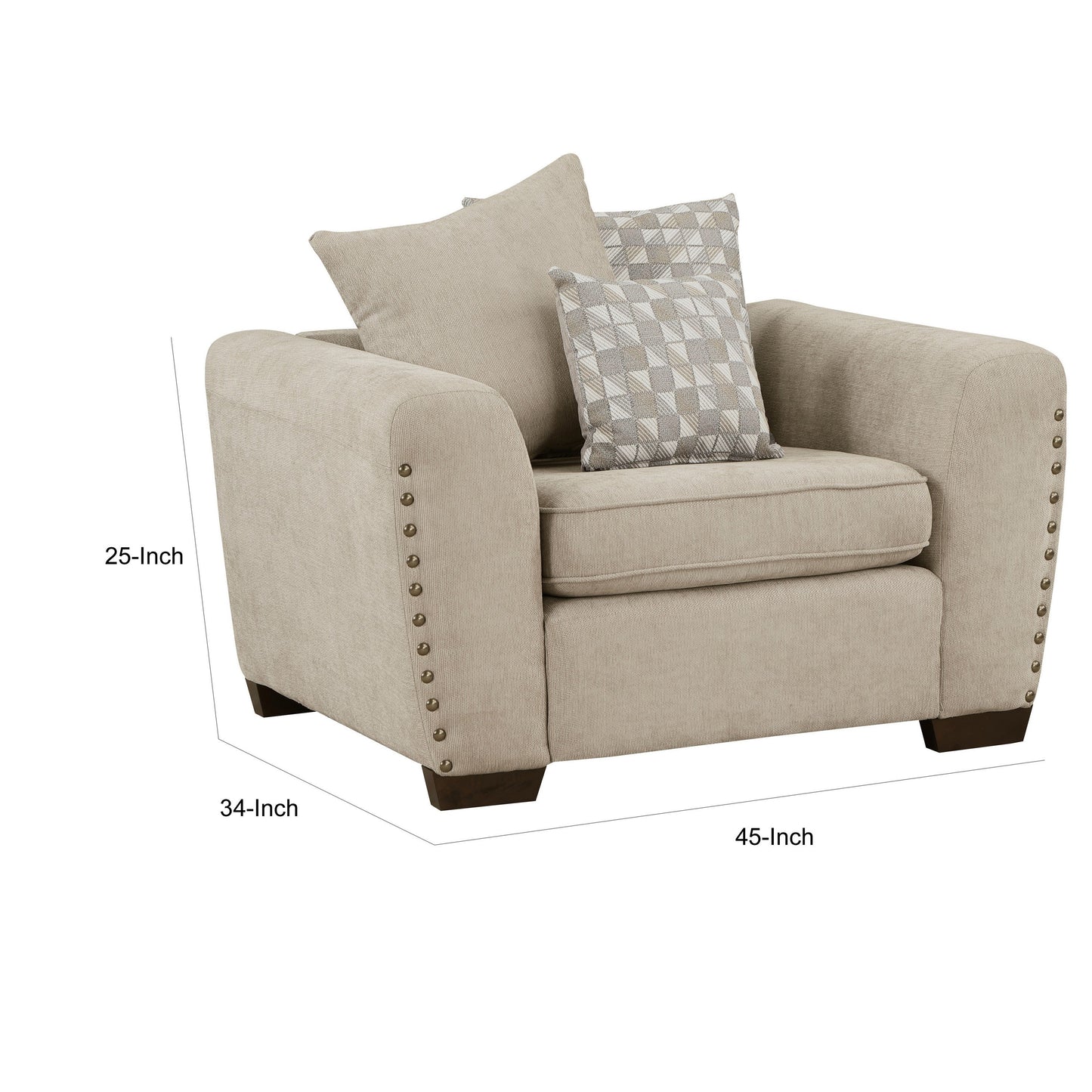 Gini 45 Inch Accent Chair, 3 Pillows, Nailhead Trim, Brown Chenille, Wood