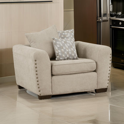 Gini 45 Inch Accent Chair, 3 Pillows, Nailhead Trim, Brown Chenille, Wood