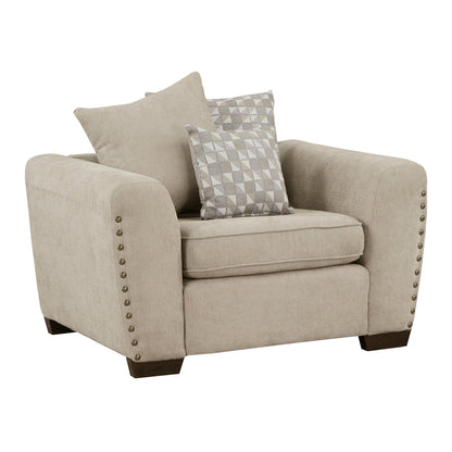 Gini 45 Inch Accent Chair, 3 Pillows, Nailhead Trim, Brown Chenille, Wood