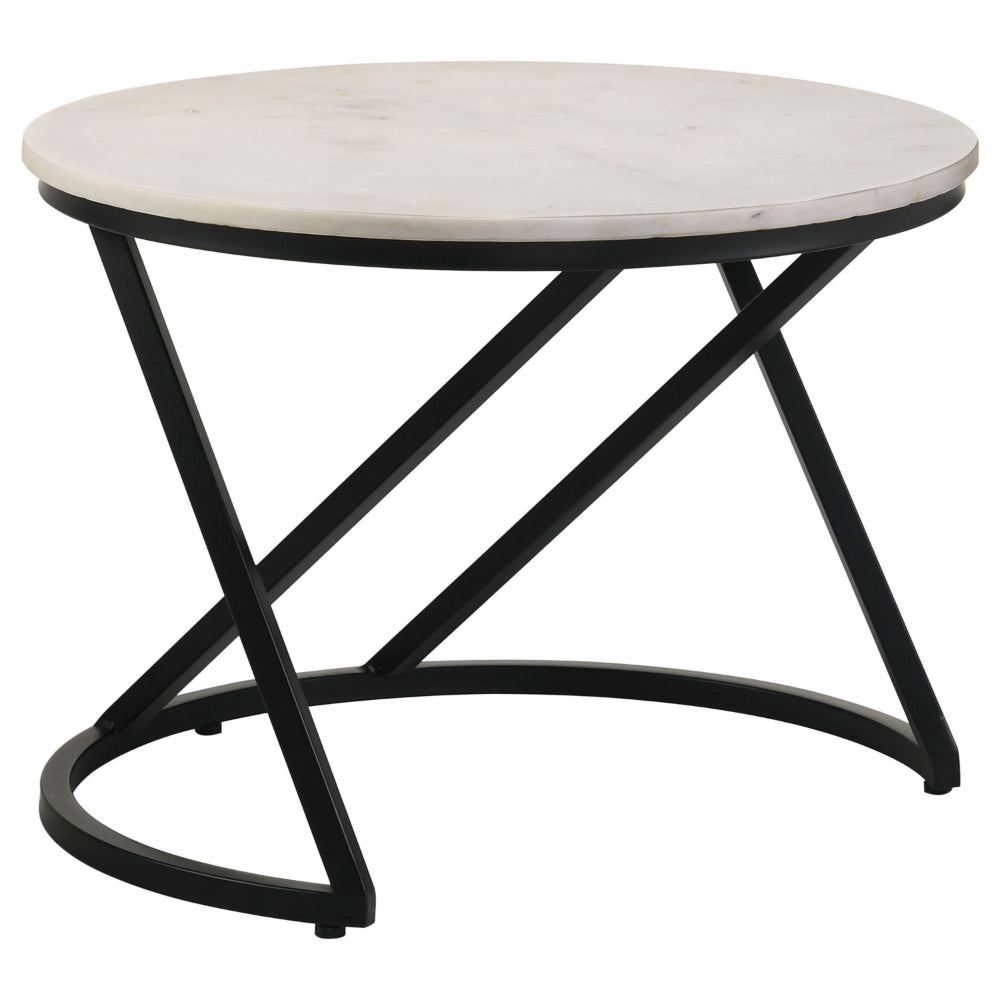 24 Inch Accent Coffee Table, White Marble Top, C Base, Black Metal Finish