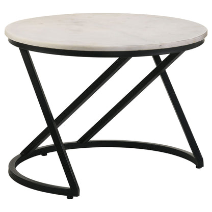 24 Inch Accent Coffee Table, White Marble Top, C Base, Black Metal Finish