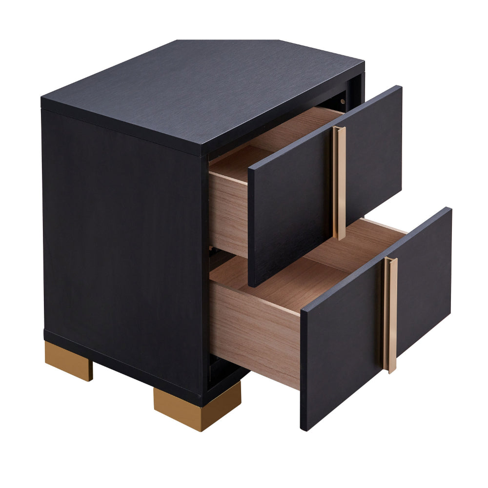 Dex 22 Inch Nightstand, 2 Drawers with Long Vertical Gold Handles, Black