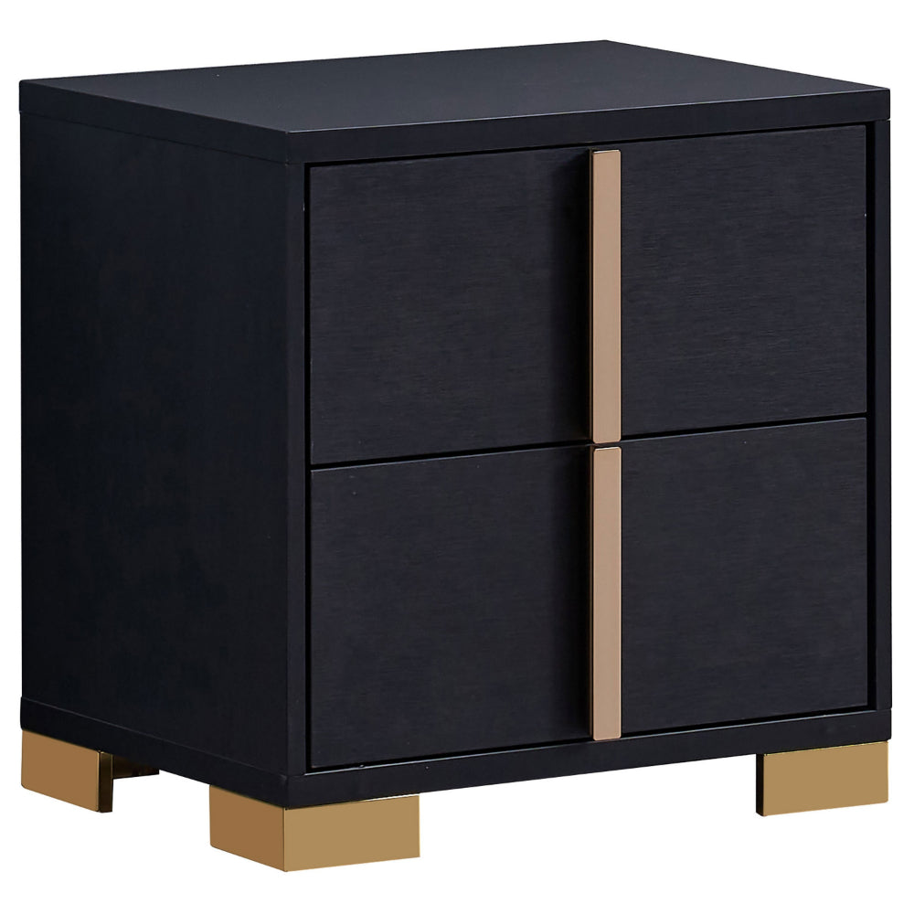 Dex 22 Inch Nightstand, 2 Drawers with Long Vertical Gold Handles – Black