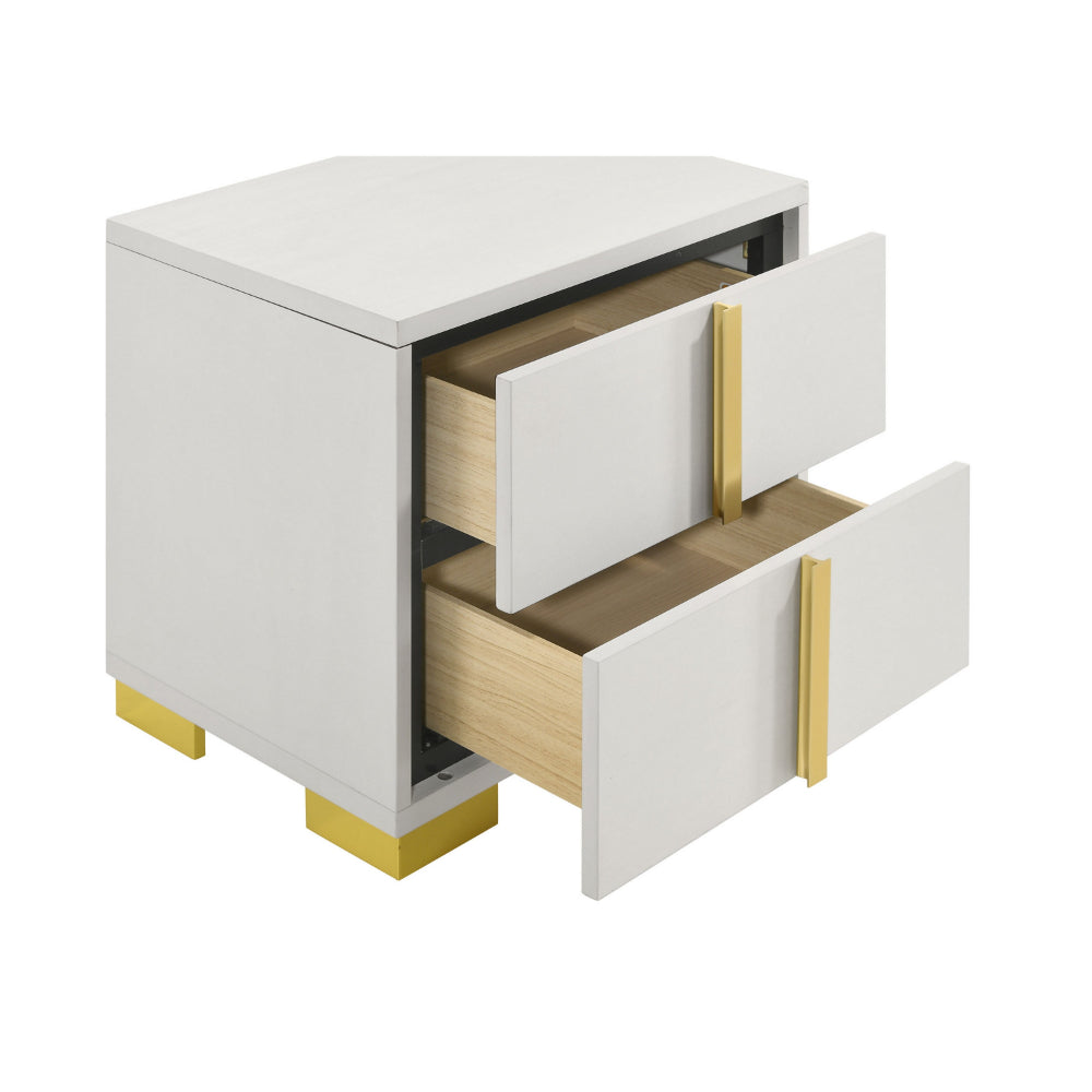 Dex 22 Inch Nightstand, 2 Drawers with Long Vertical Gold Handles, White