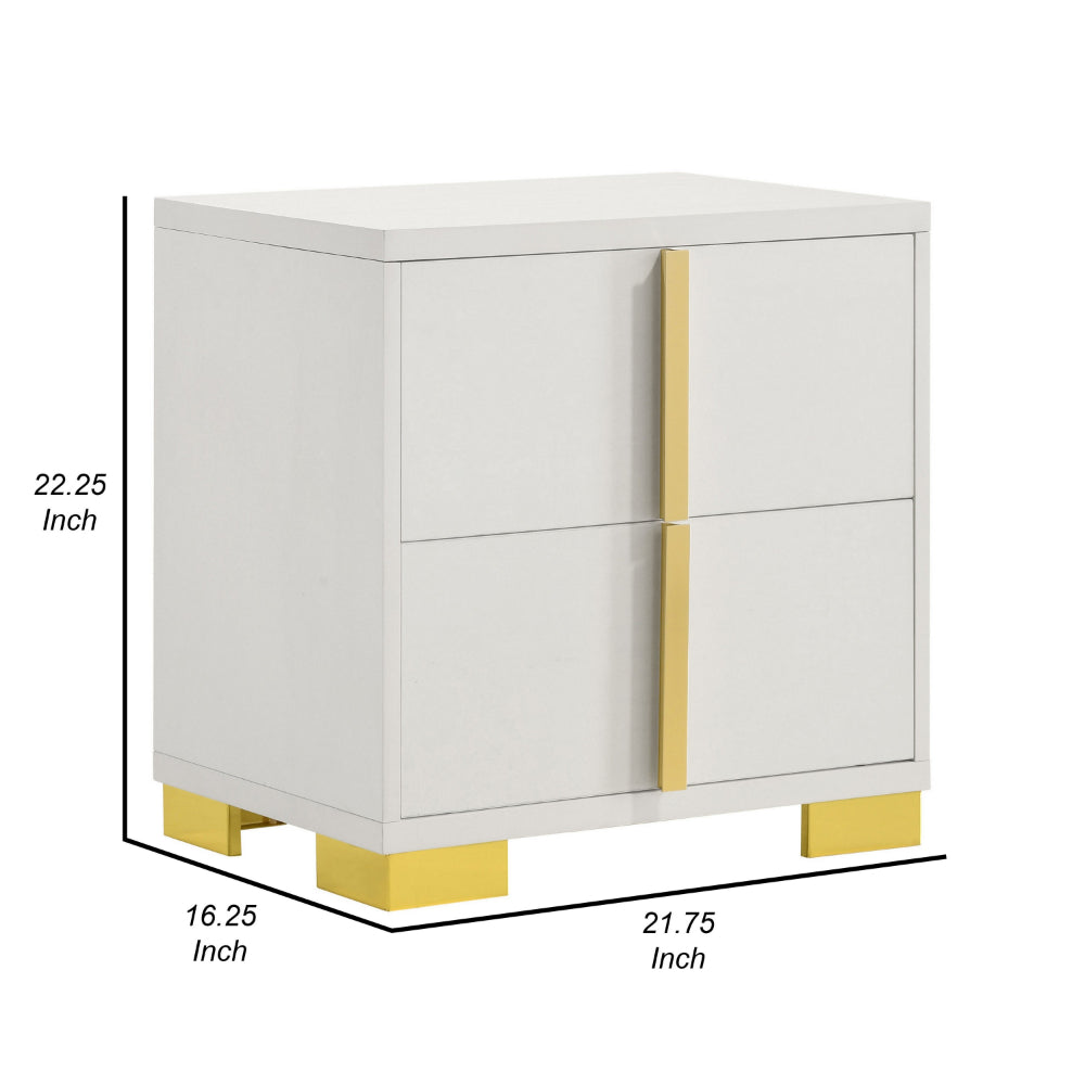 Dex 22 Inch Nightstand, 2 Drawers with Long Vertical Gold Handles, White