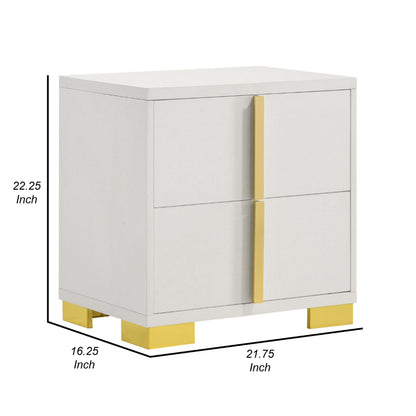Dex 22 Inch Nightstand, 2 Drawers with Long Vertical Gold Handles, White