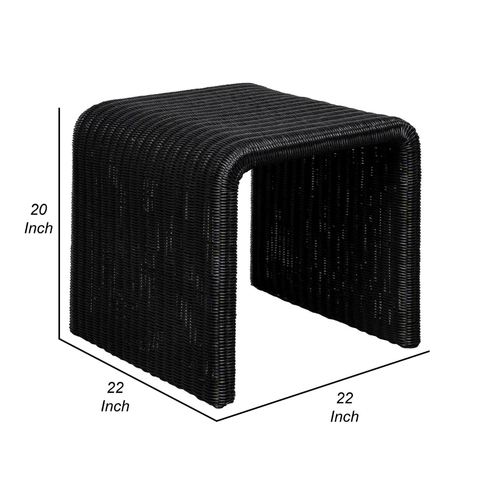 Gigi 22 Inch Side End Table, Black Woven Rattan, Square Waterfall Edges