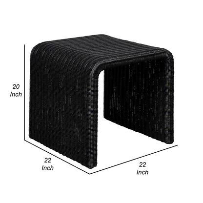 Gigi 22 Inch Side End Table, Black Woven Rattan, Square Waterfall Edges