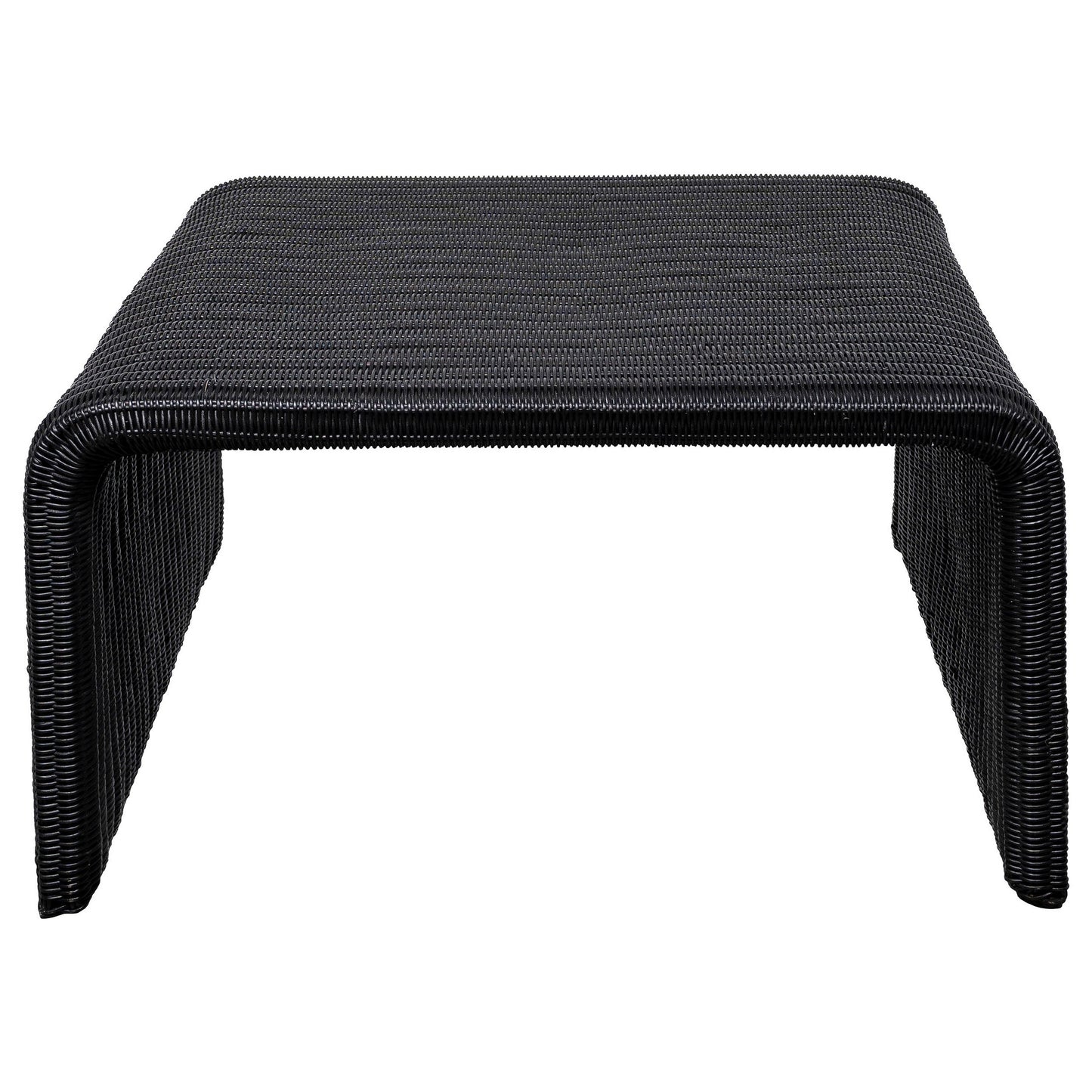 Gigi 36 Inch Coffee Table, Black Woven Rattan, Square Waterfall Edges