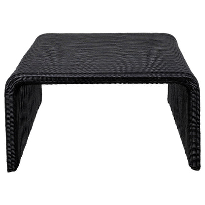 Gigi 36 Inch Coffee Table, Black Woven Rattan, Square Waterfall Edges