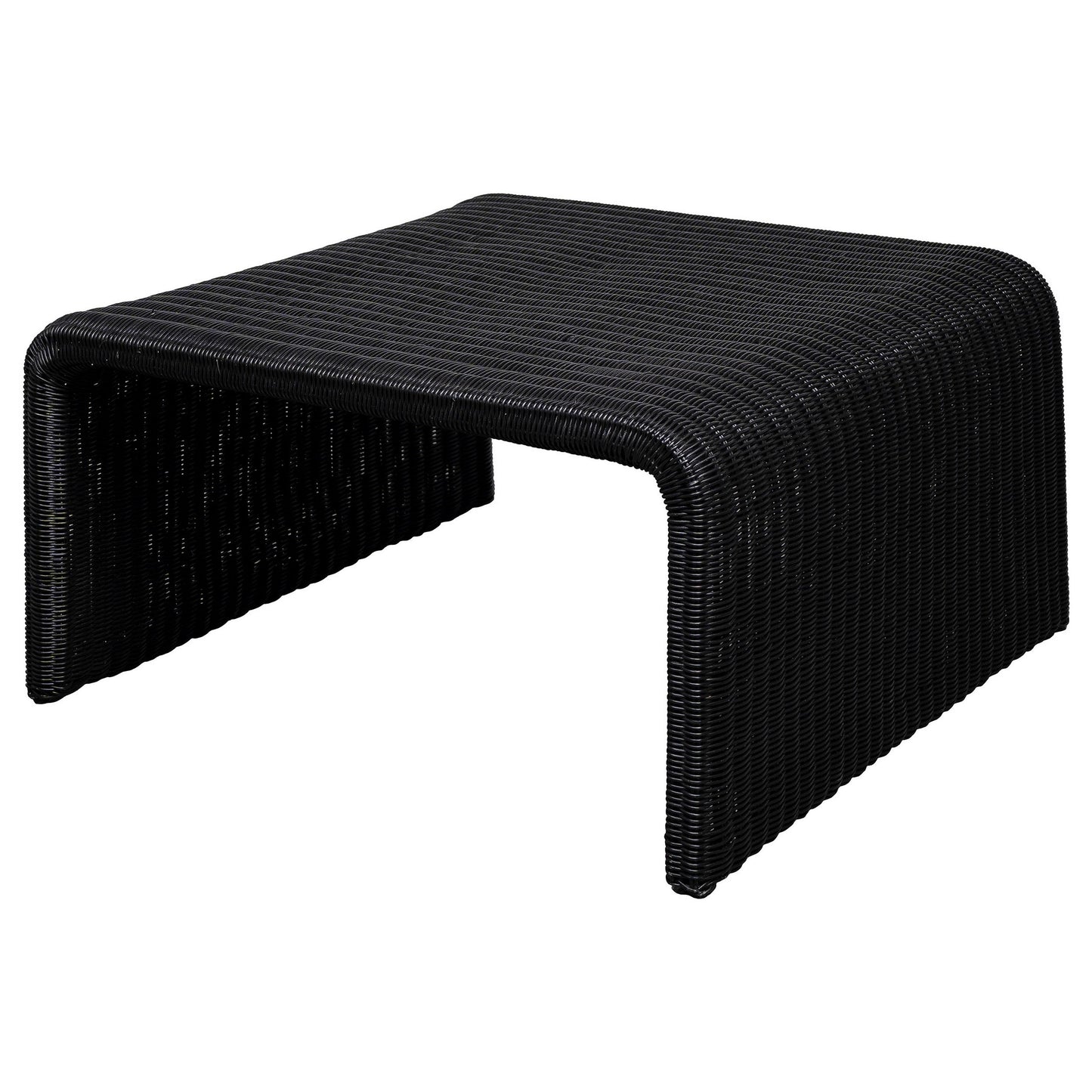 Gigi 36 Inch Coffee Table, Black Woven Rattan, Square Waterfall Edges