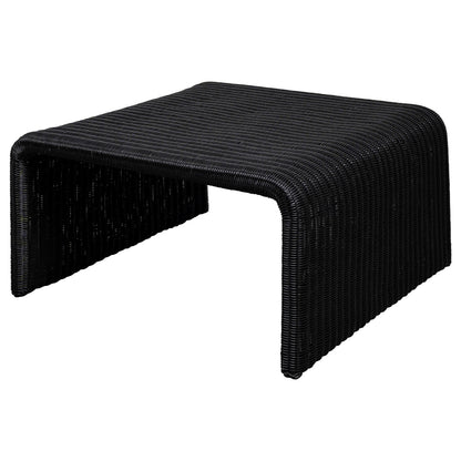 Gigi 36 Inch Coffee Table, Black Woven Rattan, Square Waterfall Edges
