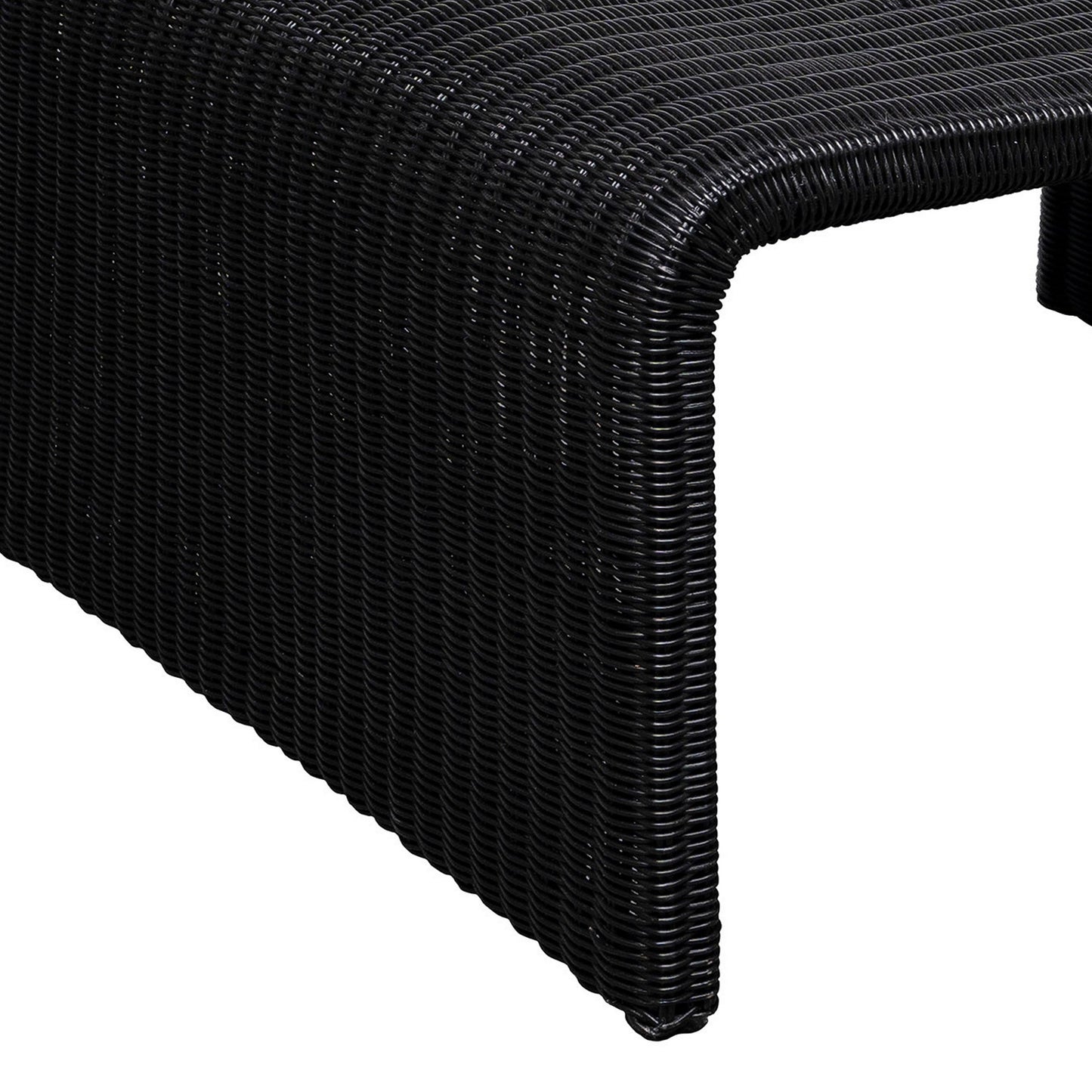 Gigi 36 Inch Coffee Table, Black Woven Rattan, Square Waterfall Edges