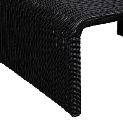 Gigi 36 Inch Coffee Table, Black Woven Rattan, Square Waterfall Edges