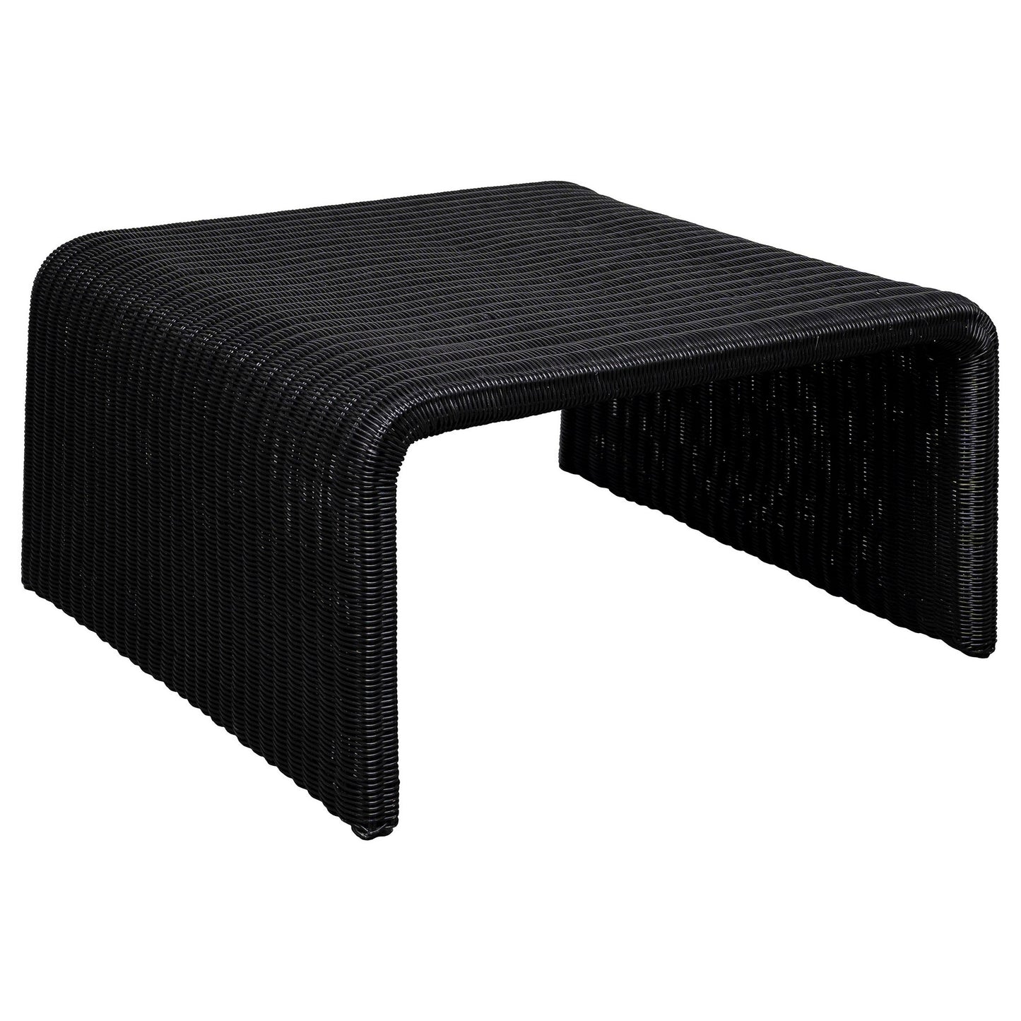 Gigi 36 Inch Coffee Table, Black Woven Rattan, Square Waterfall Edges