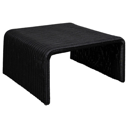 Gigi 36 Inch Coffee Table, Black Woven Rattan, Square Waterfall Edges