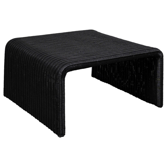 Gigi 36 Inch Coffee Table, Black Woven Rattan, Square Waterfall Edges