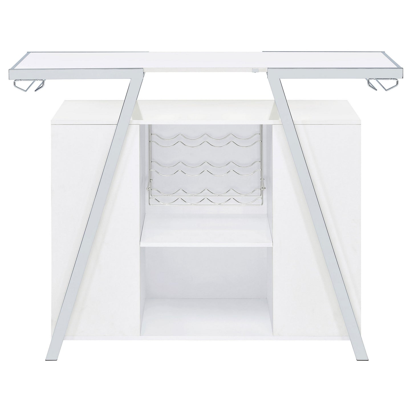 Leo 52 Inch Wine Bar Cabinet with Storage, Shelves, White, Chrome Steel