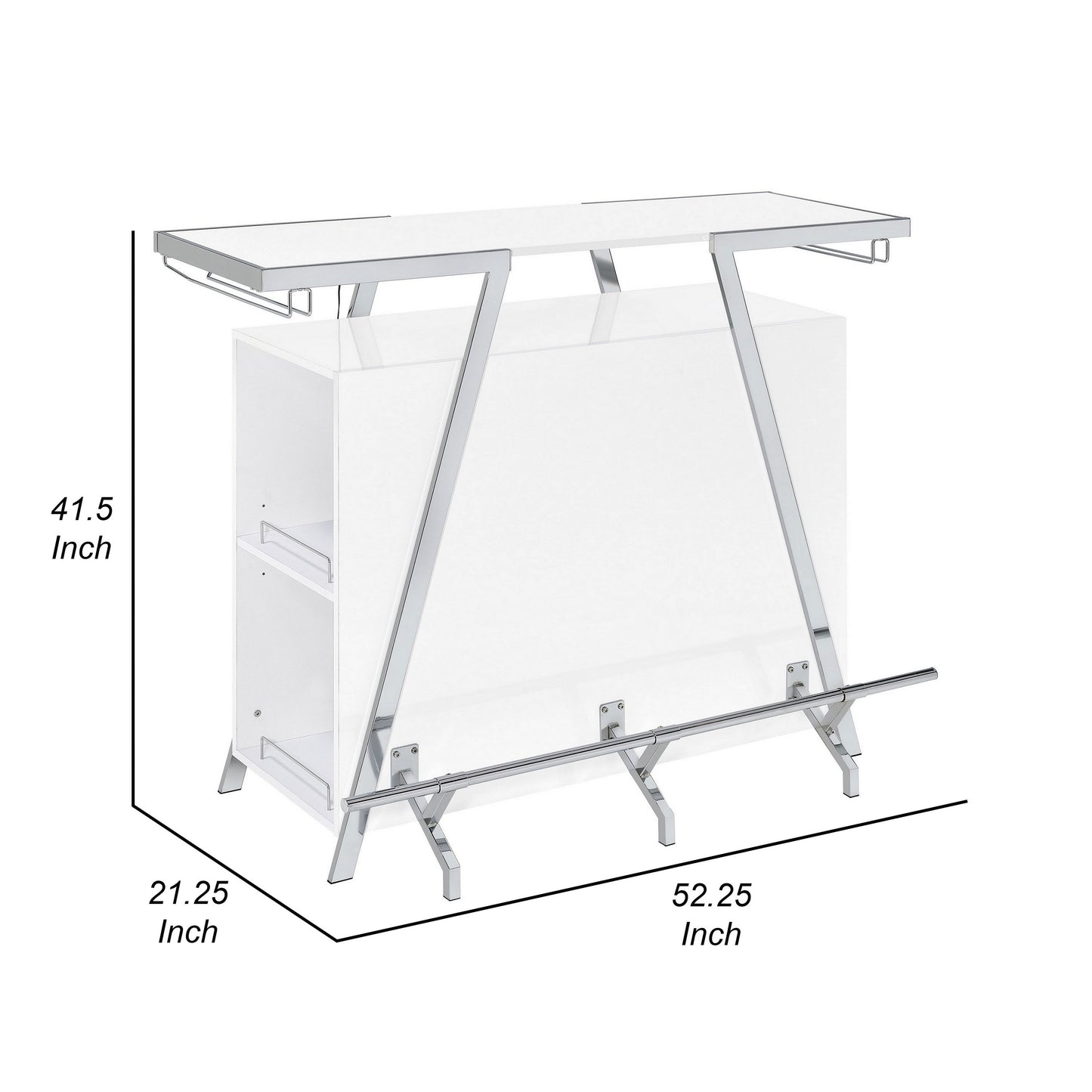 Leo 52 Inch Wine Bar Cabinet with Storage, Shelves, White, Chrome Steel