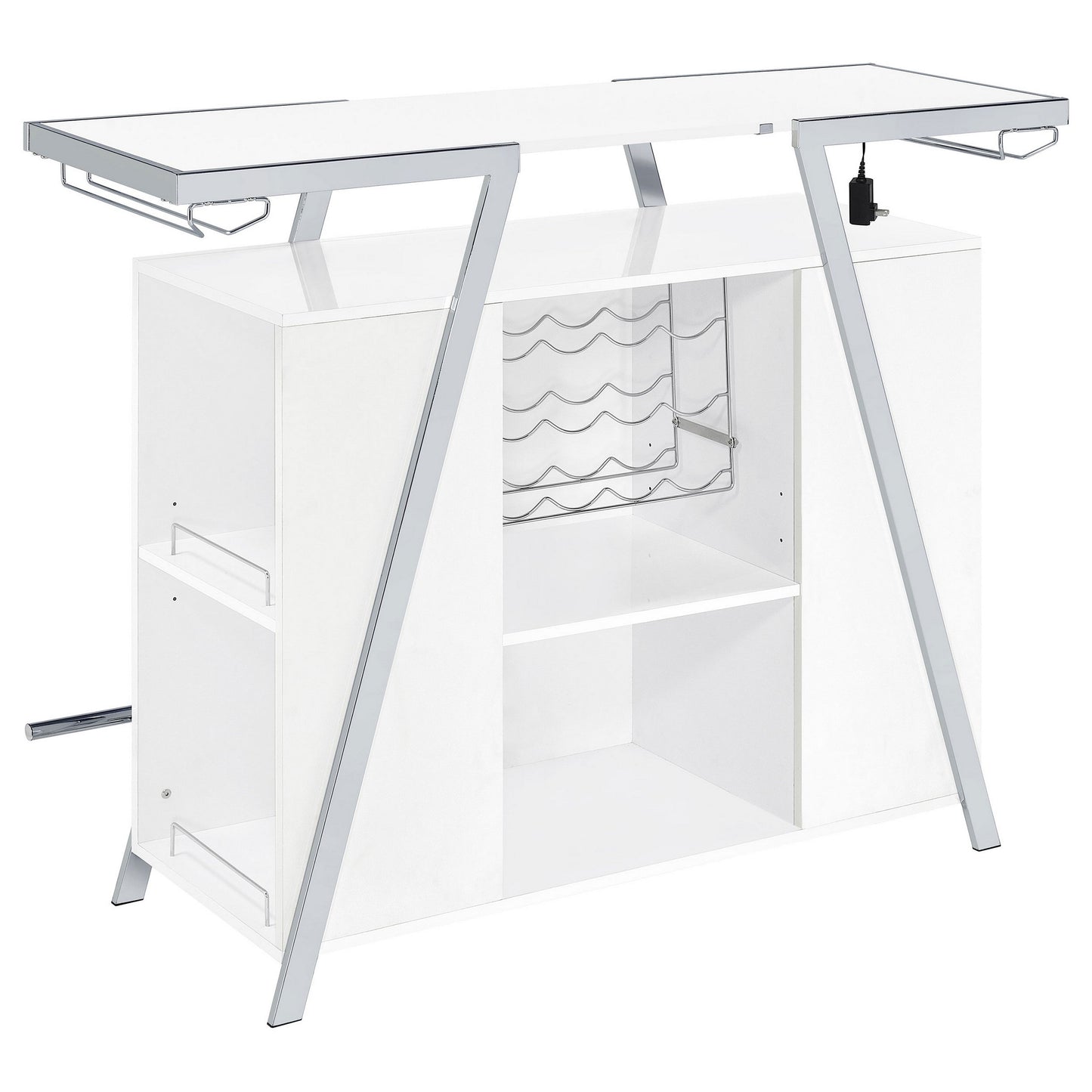 Leo 52 Inch Wine Bar Cabinet with Storage, Shelves, White, Chrome Steel
