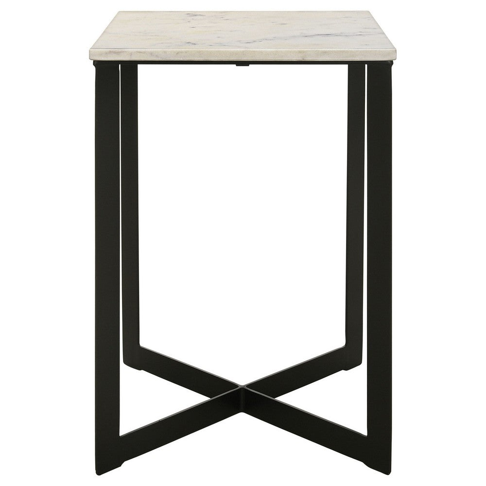 Sovi 24 Inch Side End Table, Square Marble Top, Black Metal Frame, White