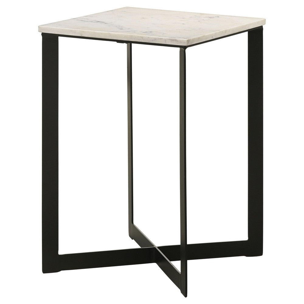 Sovi 24 Inch Side End Table, Square Marble Top, Black Metal Frame, White