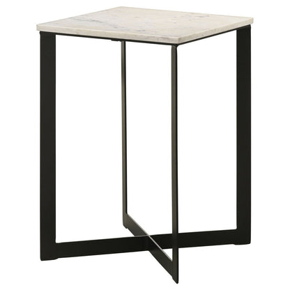 Sovi 24 Inch Side End Table, Square Marble Top, Black Metal Frame, White